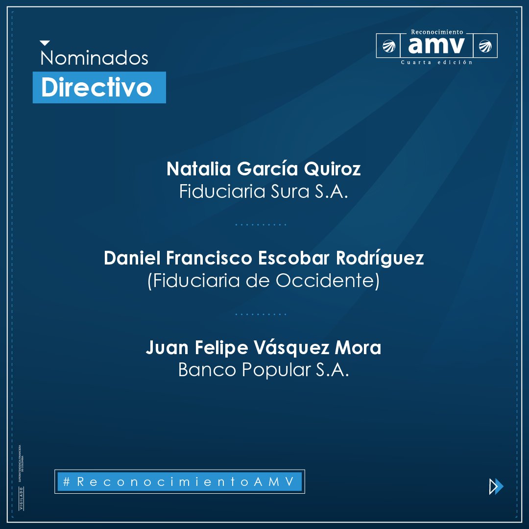 AMVColombia's tweet image. #CertificaciónAMV | ¡Llegó el momento! Te invitamos a conocer los nominados de la cuarta edición de #ReconocimientoAMV en las modalidades: Directivo, Asesor Financiero y Operador, así como en las especialidades: Renta Fija, Renta Variable, Divisas y Derivados.