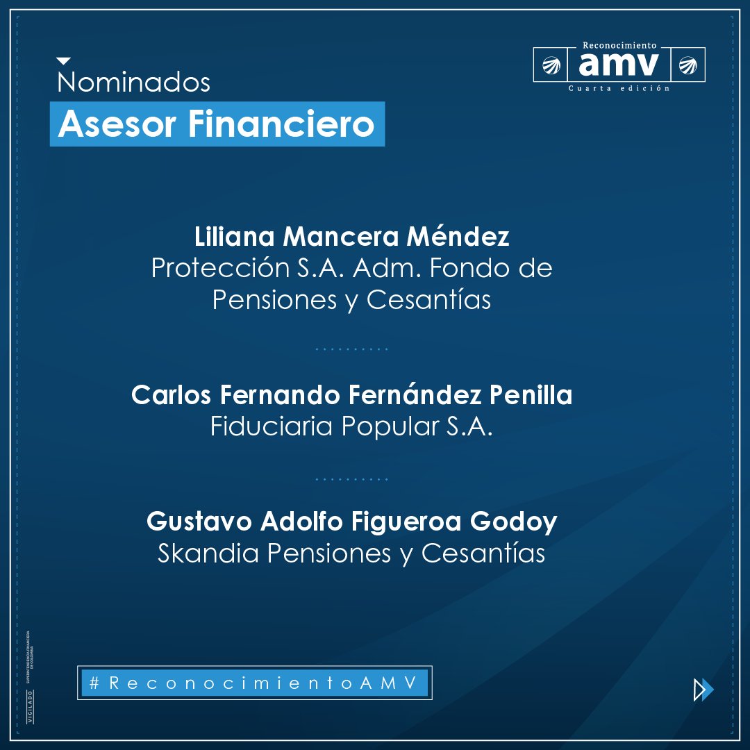 AMVColombia's tweet image. #CertificaciónAMV | ¡Llegó el momento! Te invitamos a conocer los nominados de la cuarta edición de #ReconocimientoAMV en las modalidades: Directivo, Asesor Financiero y Operador, así como en las especialidades: Renta Fija, Renta Variable, Divisas y Derivados.