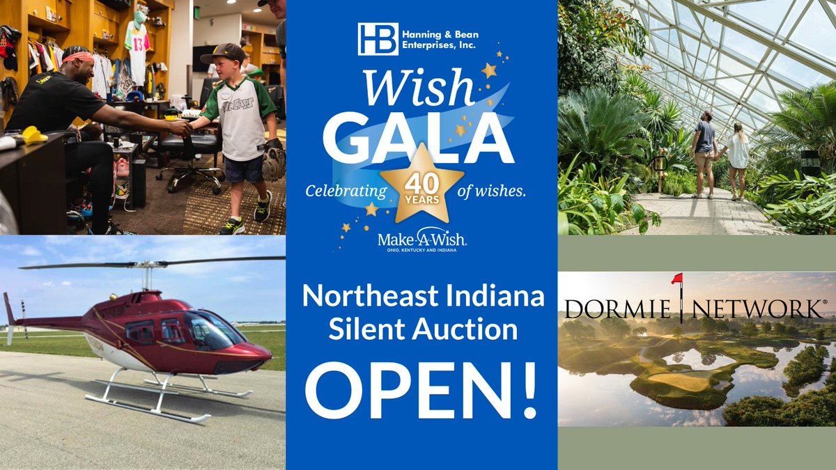 Can't make the 2023 @NAIHanning_Bean Northeast Indiana Wish Gala? Grant wishes and bid on the silent auction from the comfort of your couch! The auction closes Friday night, May 19th. Bid now: bit.ly/42RzEEO #MakeAWish #FortWayne #Indiana #WishGala