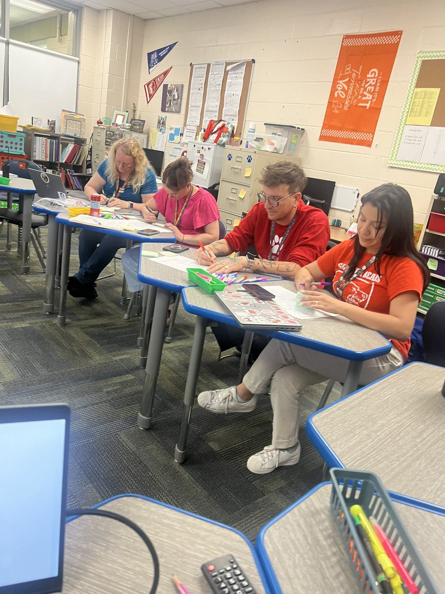 AMSLiteracy's tweet photo. Yesterday was our last ELA planning for the school year. We closed it out with an annual “signing the yearbook” activity. There were tears and lots of good memories and reflections! Truly and honor to work with these educators!🐻❤️💜💚🧡@AMSLiteracy https://t.co/fSFW5Y9qbi