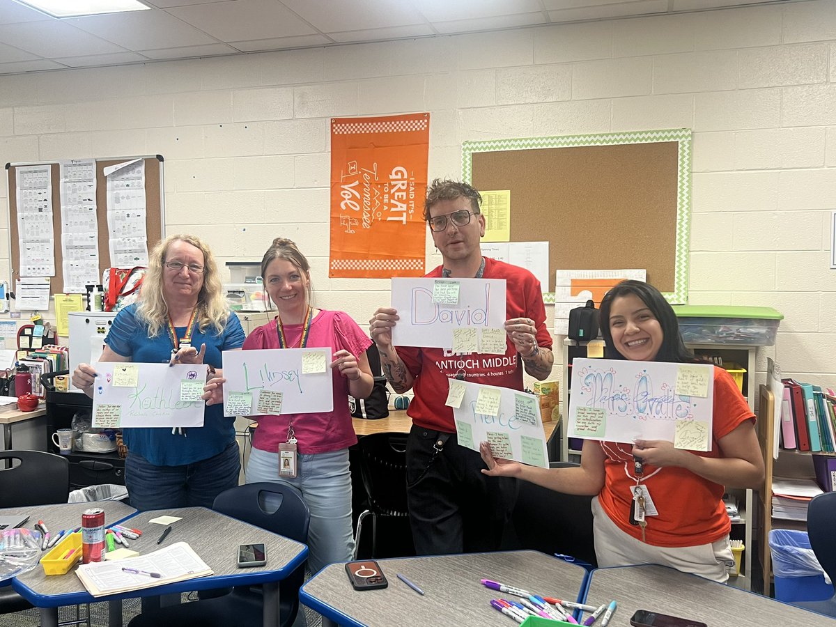 AMSLiteracy's tweet photo. Yesterday was our last ELA planning for the school year. We closed it out with an annual “signing the yearbook” activity. There were tears and lots of good memories and reflections! Truly and honor to work with these educators!🐻❤️💜💚🧡@AMSLiteracy https://t.co/fSFW5Y9qbi