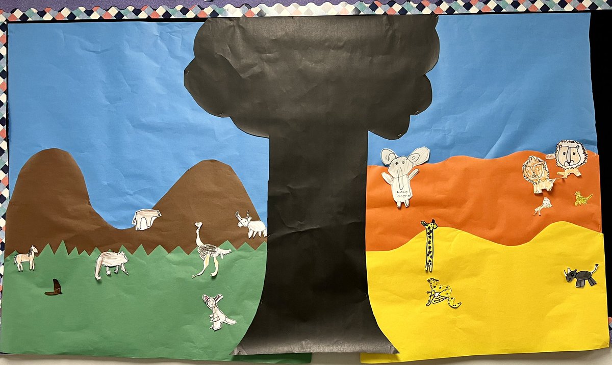 wojcikfaith's tweet photo. We are learning about different habitats, interdependence, and food chains. First Grade Team decided to have students rotate through our rooms each time learning about a different habitat. The kids helped decorate the boards!#HayesHawks #HayesFirstGrade https://t.co/Uzs33oMIsM