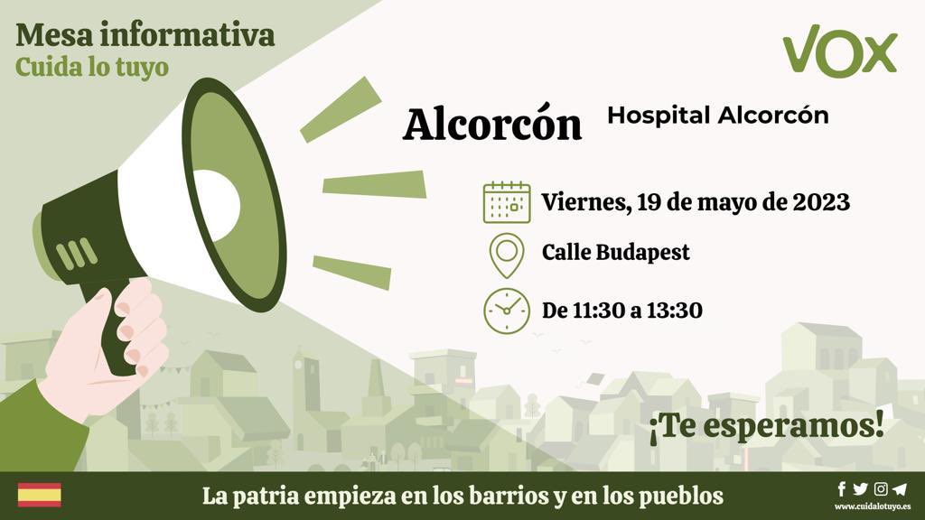 PedroMorenoGmz's tweet photo. Este viernes tenemos otras 4 mesas informativas.
✅ Por la mañana, desde las 11:30 horas, estaremos junto a Carrefour de Parque Lisboa y junto al Hospital de #Alcorcón
💚 Y por la tarde, a las 16:00 horas, estaremos donde los colegios de @AlcorconFuente (Andel) y del @EnsancheSur @NewsEnsancheSur (Juan Pablo II). 👇
Os espero!