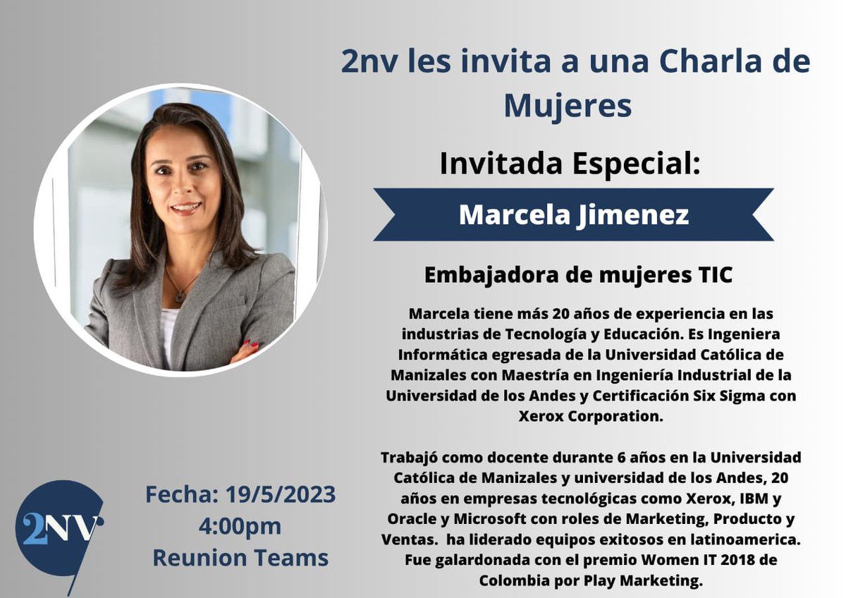 MujeresTIC_Col's tweet photo. 👩‍💻📌 Mañana @Marcela_JzM #MujerTIC y Directora de Ventas de @MSFTColombia, estará presente en el evento de #2NV, un espacio que busca motivar el desarrollo de las mujeres en la #tecnología. https://t.co/GHWWsuGzdK