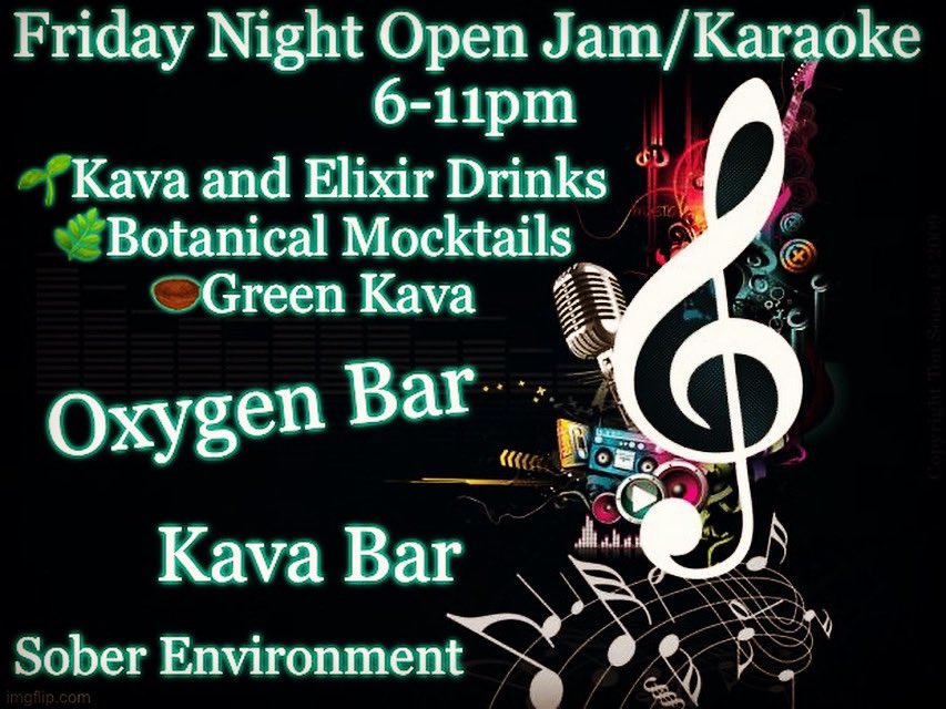 TGKavaDen's tweet photo. Friday Night Open Jam/Karaoke 6-11pm! #downtownromega #romega #openjam #karaoke #fridaynight #kavaden #kavabar #kavacommunity #soberliving #greenkava #botanicalmocktails #oxygenbar https://t.co/56nydgU3Qx