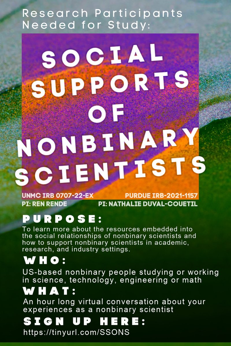 The International Society of Nonbinary Scientists (@isnbs_) on Twitter photo Check out this research study opportunity for nonbinary scientists working and studying in STEM! Please fill out the survey using this link by 5/31 if interested: tinyurl.com/SSONS
Reach out to <a href="/nat_gentry/">Adrian Nat Gentry, PhD</a> if you have questions. Check out this research study opportunity for nonbinary scientists working and studying in STEM! Please fill out the survey using this link by 5/31 if interested: tinyurl.com/SSONS
Reach out to <a href="/nat_gentry/">Adrian Nat Gentry, PhD</a> if you have questions.