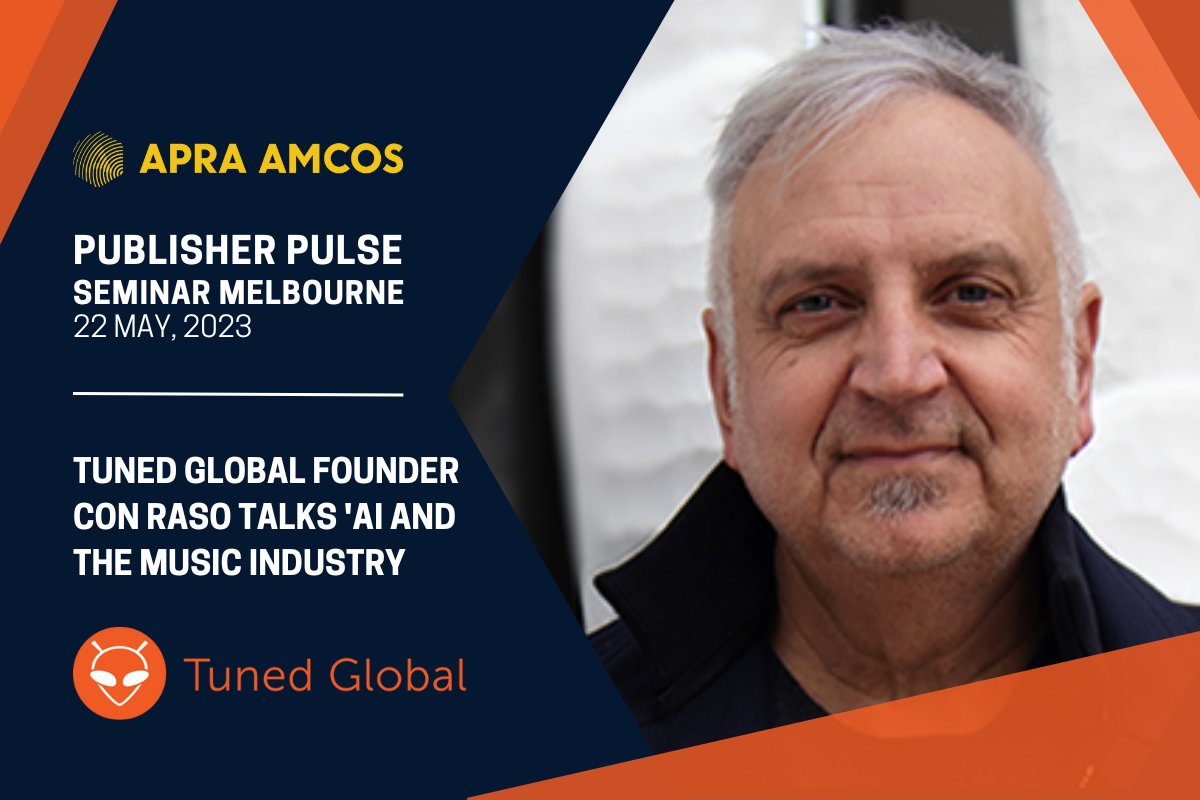 Are you an @APRAAMCOS publisher member heading to the next Publisher Pulse Seminar in Melbourne?

Join Tuned Global's @conraso as he presents the topic 'AI and the Music Industry' on Mon, 22 May 2023.

#ai #musicindustry #musicpublisher

Details below: 👇
eventbrite.com.au/e/publisher-pu…