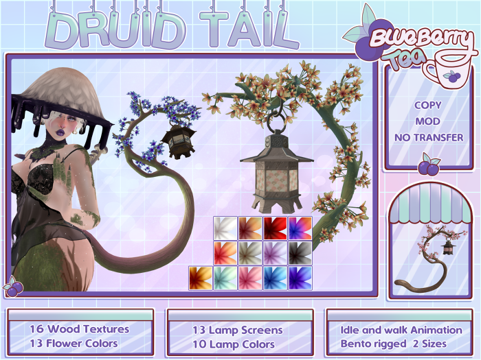Blueberry_Teas's tweet photo. It's on my MP now! https://t.co/cSRghy4Aw8 The Druid tail. With 13 Flowers, stems  screens, 16 Bark, and 10 lantern textures!
A big and a small size for your convenience. Basic animations with a gentle lantern sway as you walk and it's modifiable as well! #BBTeaSL #SecondLife https://t.co/7Qh67rhoci