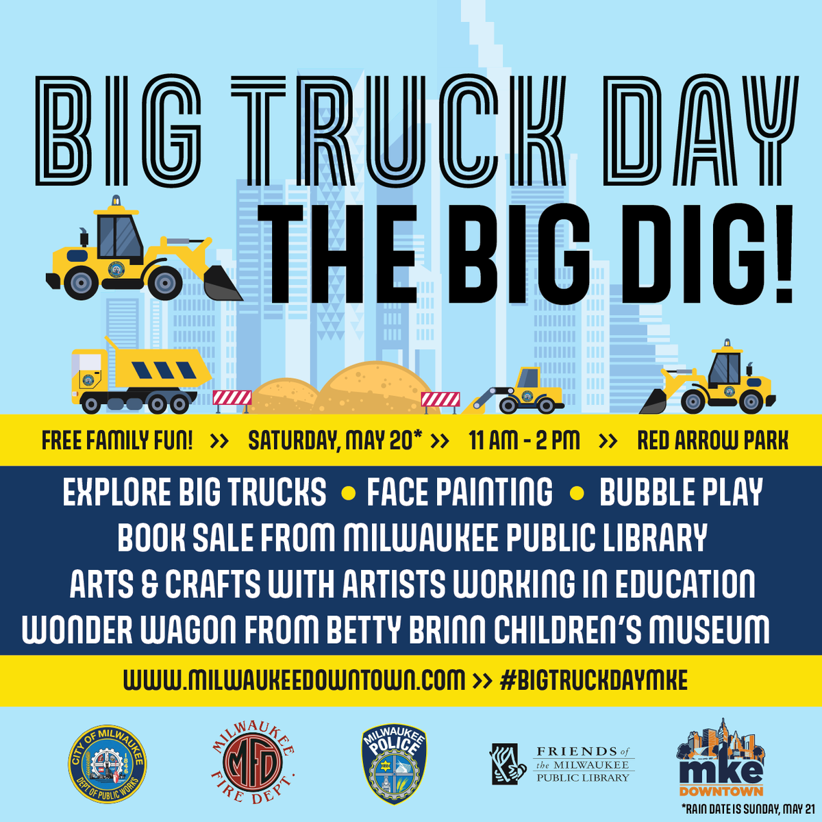 JOIN US THIS SATURDAY! Back bigger and better, the <a href="/cityofmilwaukee/">City of Milwaukee</a>  &amp; <a href="/MilwDowntown/">Milwaukee Downtown</a> have once again partnered for the return of Big Truck Day on Saturday, May 20, 11AM-2PM at Red Arrow Park. The free event features over a dozen big rigs. 
➡️More details: milwaukeedowntown.com