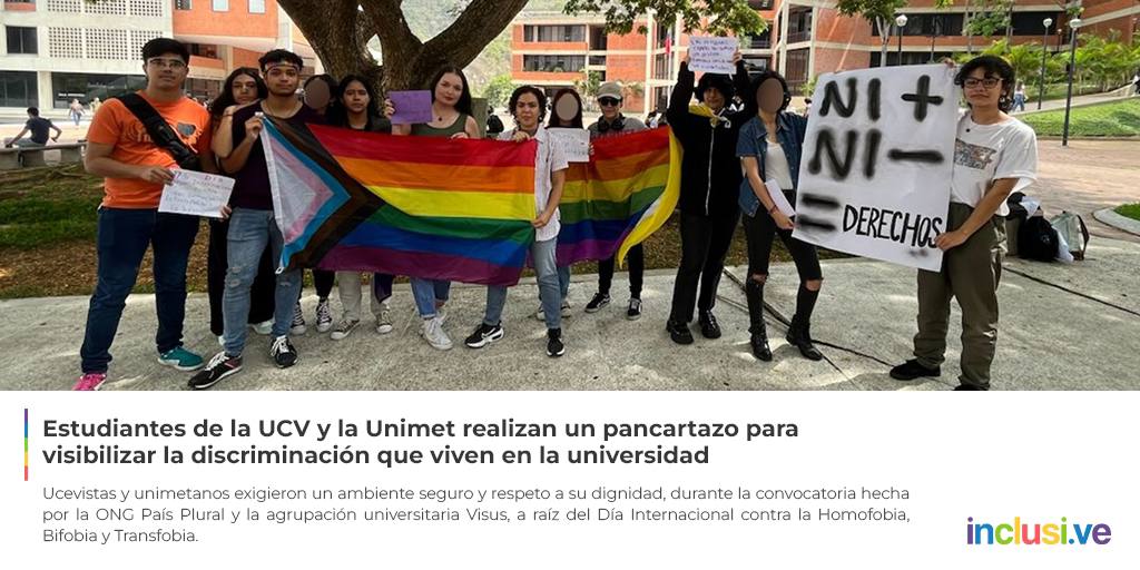 #AgendaQueer Un grupo de estudiantes de la #UCV y la #Unimet, integrantes de la población LGBTIQ+, hicieron un pancartazo en ambas universidades para exigir medidas contra la discriminación. | Foto: @VisusUnimet