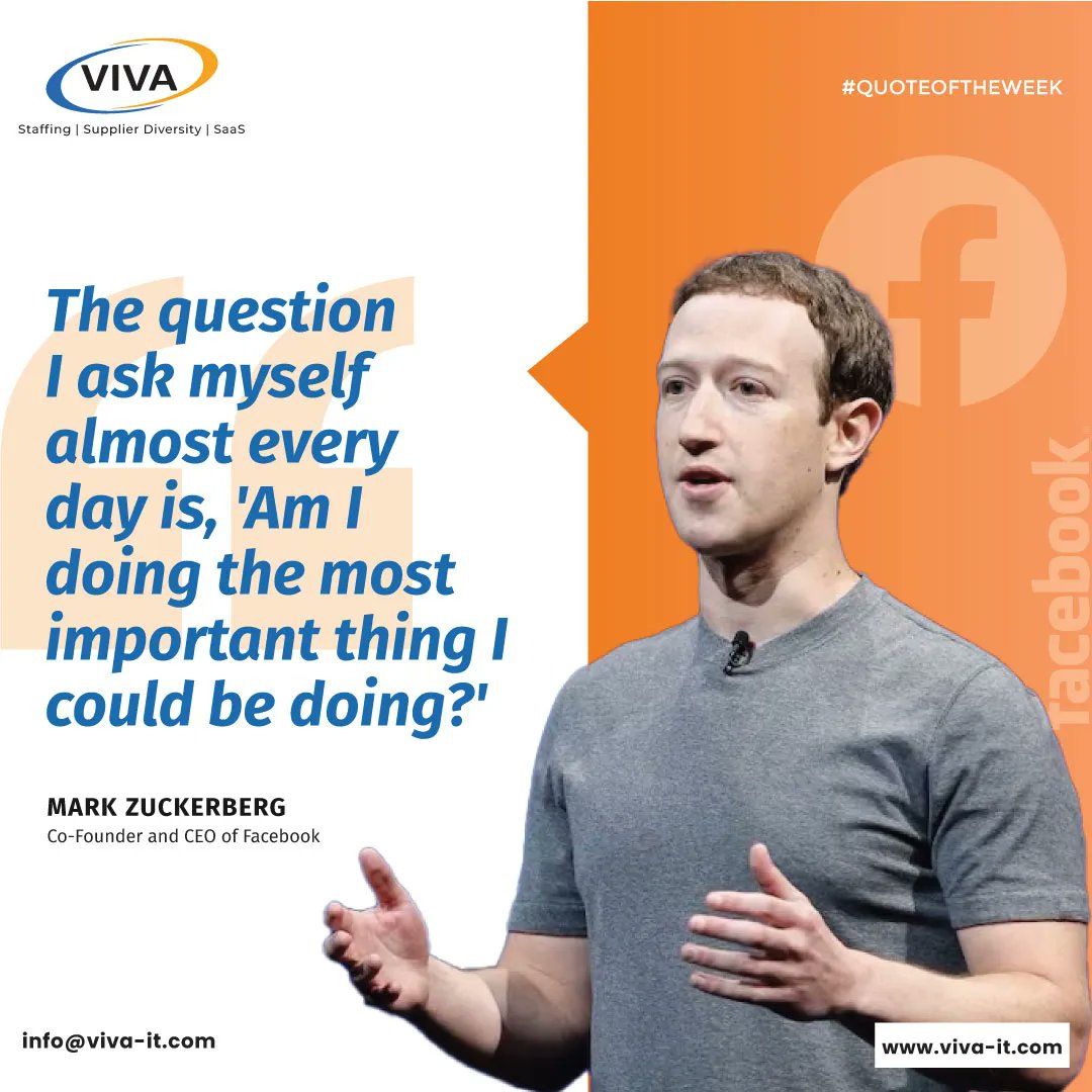 'The question I ask myself almost every day is, 'Am I doing the most important thing I could be doing?' ' - Mark Zuckerberg, co-founder and CEO of Facebook 

#motivation  #leadershipcoaching #hiring #recruitment #personaldevelopment #whatinspiresme #gettingthingsdone