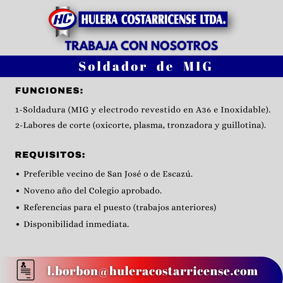 Necesitamos un Soldador!. Gracias por RT! 
#EmpleoCR #SoldadoresCR #TrabajoCR