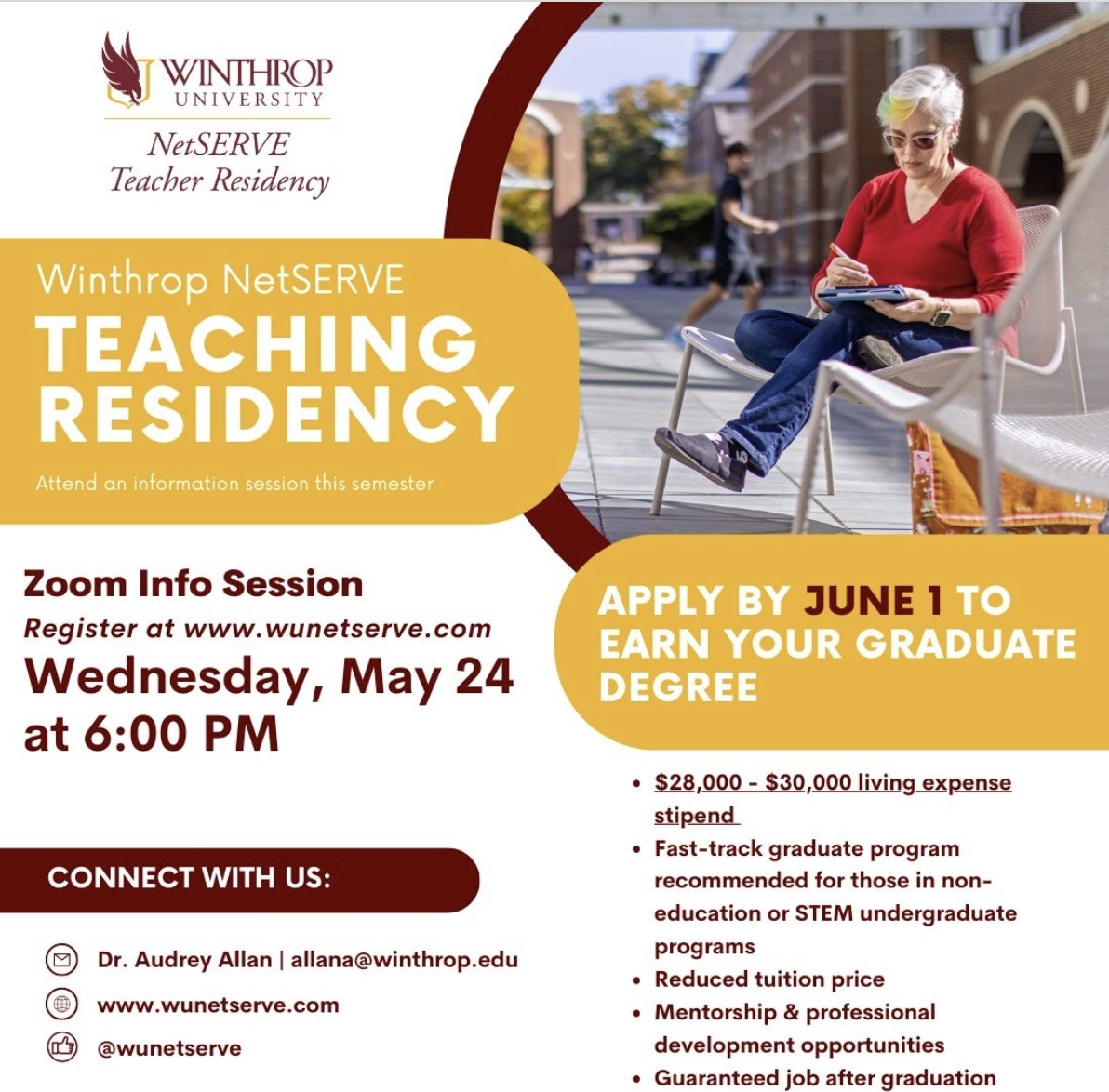 Join Dr. Audrey Allan on Wednesday, May 24th for a special Zoom information session about the NetSERVE Teacher Residency program. Earn your MAT degree, a $28,000-$30,000 stipend and a guaranteed job after graduation. To learn more, visit wunetserve.com today!