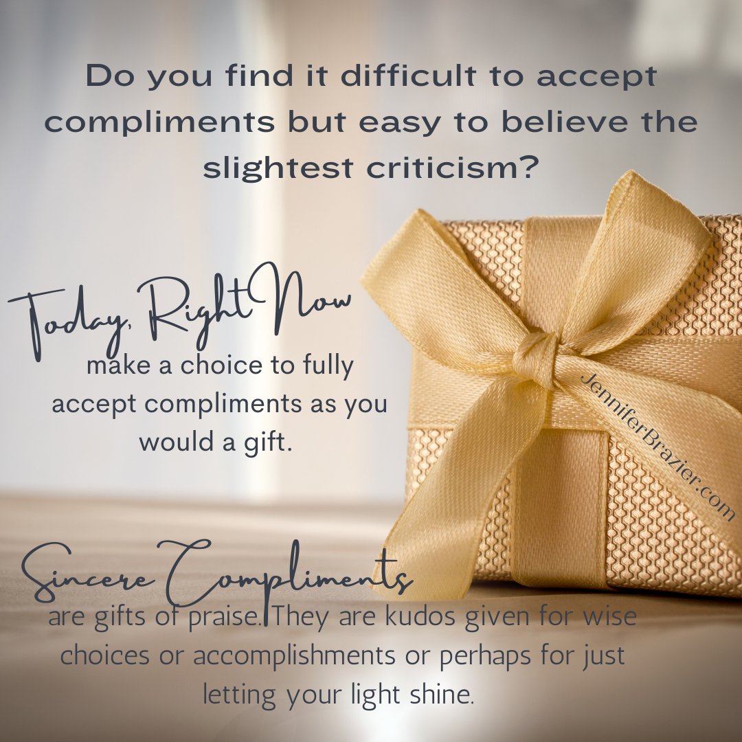 JenBrazier's tweet photo. Today, right now, make a choice to fully accept compliments as you would a gift. 

#jenniferbrazier #passedbutpresent #medium #mediumship #compliments #criticism #youareworthit #areyouready #chasingthetruth #shineyourlight #intuition #mentalhealthawareness #gifts https://t.co/s7uDpLHYau