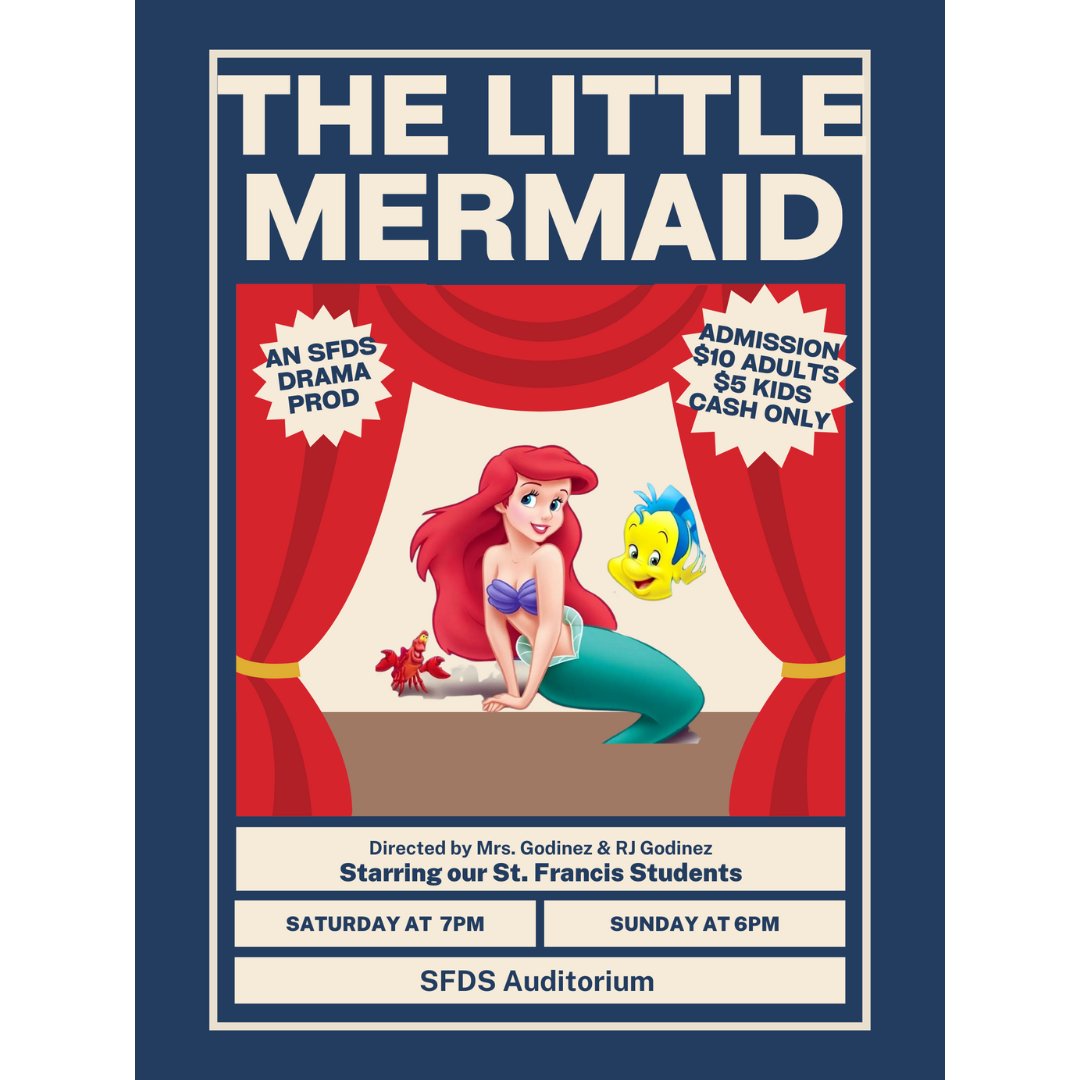 SFDS_School's tweet photo. This Weekend! SFDS Drama Presents "The Little Mermaid"
Two Shows:
· Saturday, May 20th at 7:00 PM
· Sunday, May 21st at 6:00 PM
Admission: $10 Adults/$5 students (Cash at the door please) https://t.co/HkPYKv26i7
