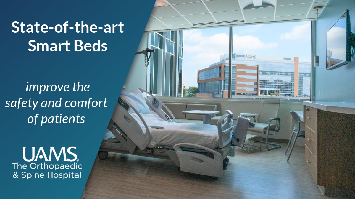 Featuring 24 private rooms, The Orthopaedic &amp; Spine Hospital's premium accomodations at <a href="/uamshealth/">UAMS Health</a> include smart beds that not only provide comfort during recovery, but also help to reduce risk of falls, improve patient outcomes, &amp; improve workflow efficiencies and safety.