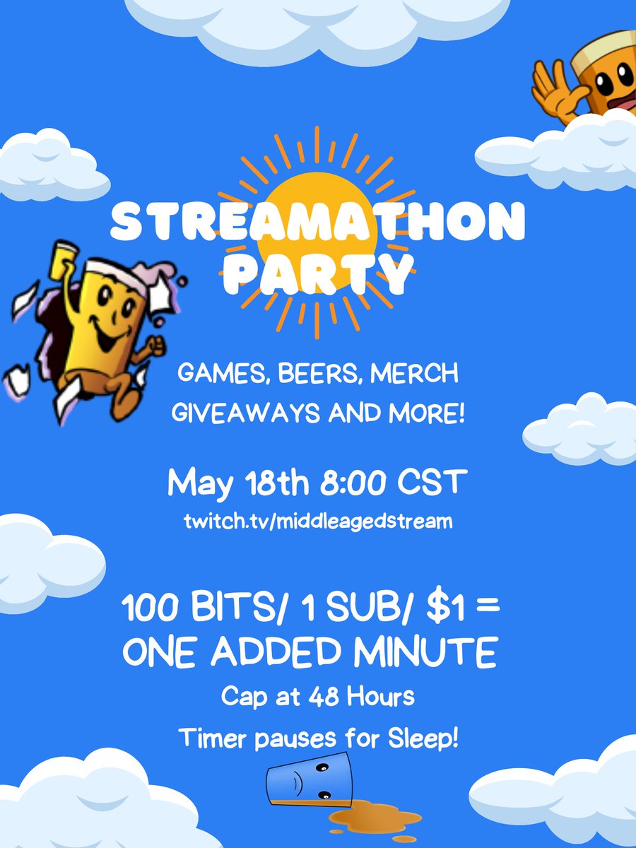 MiddleAgeStream's tweet photo. Summertime is here, and I owe my community a 24 hour stream, so let's make it a Stream-a-thon party!

The action starts TONIGHT at https://t.co/QS7TEeP8AM 🍺👀 https://t.co/nzcbeQpmWQ