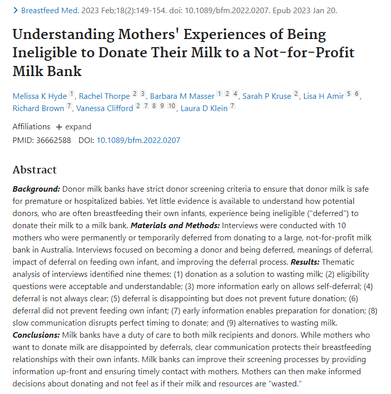 Lisa Amir (@lisa_h_amir) on Twitter photo On World Day of Human Milk Donation it's important to acknowledge that milk banks need to care for mothers unable to donate their milk as well as donors.
Recent interview study with <a href="/lifebloodRnD/">Research at Lifeblood</a> <a href="/barbaramasser/">Prof. Barbara Masser</a> <a href="/LTUJudithLumley/">Judith Lumley Centre</a> On World Day of Human Milk Donation it's important to acknowledge that milk banks need to care for mothers unable to donate their milk as well as donors.
Recent interview study with <a href="/lifebloodRnD/">Research at Lifeblood</a> <a href="/barbaramasser/">Prof. Barbara Masser</a> <a href="/LTUJudithLumley/">Judith Lumley Centre</a>