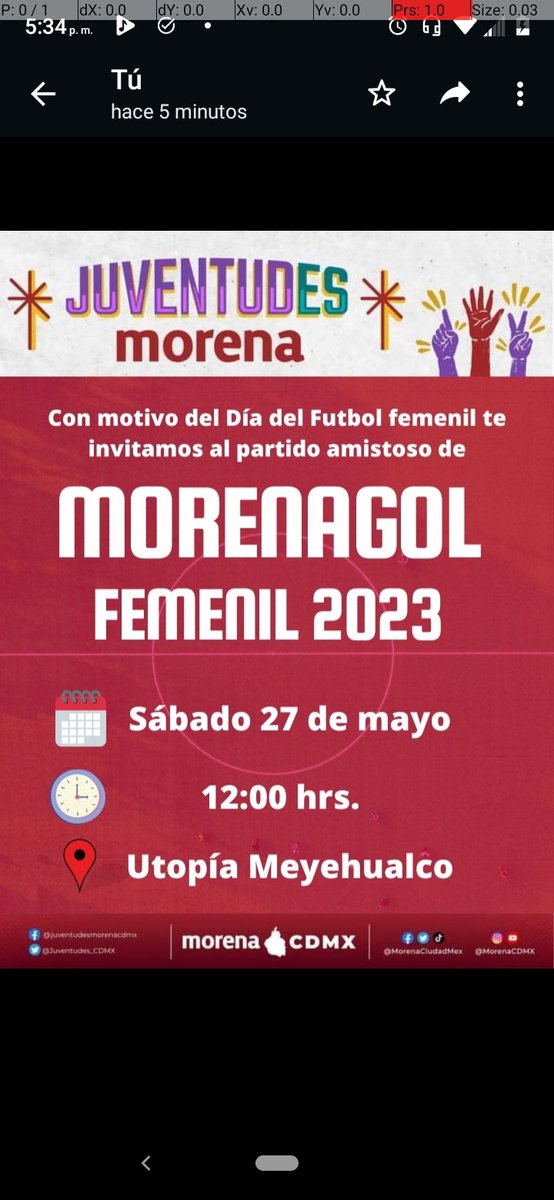 ¿Eres mujer joven de la Ciudad de México y te gusta el fútbol? 
Te invitamos a participar en el partido amistoso femenil de Morenagol que se realizará en el marco del Día Internacional del Fútbol Femenino.
🗓️ Sábado 27 de mayo
⏰ 12:00 Hrs.
📍 Utopía Meyehualco, Iztapalapa