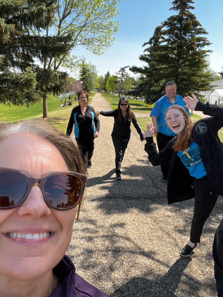 EvergreenCSSD's tweet photo. Division Office staff clad in blue take a walk for World Catholic Education Day in Spruce Grove, AB. Photo credit and walk organizer: Diane Wilvers @dwilvers https://t.co/OR3VQX8STP