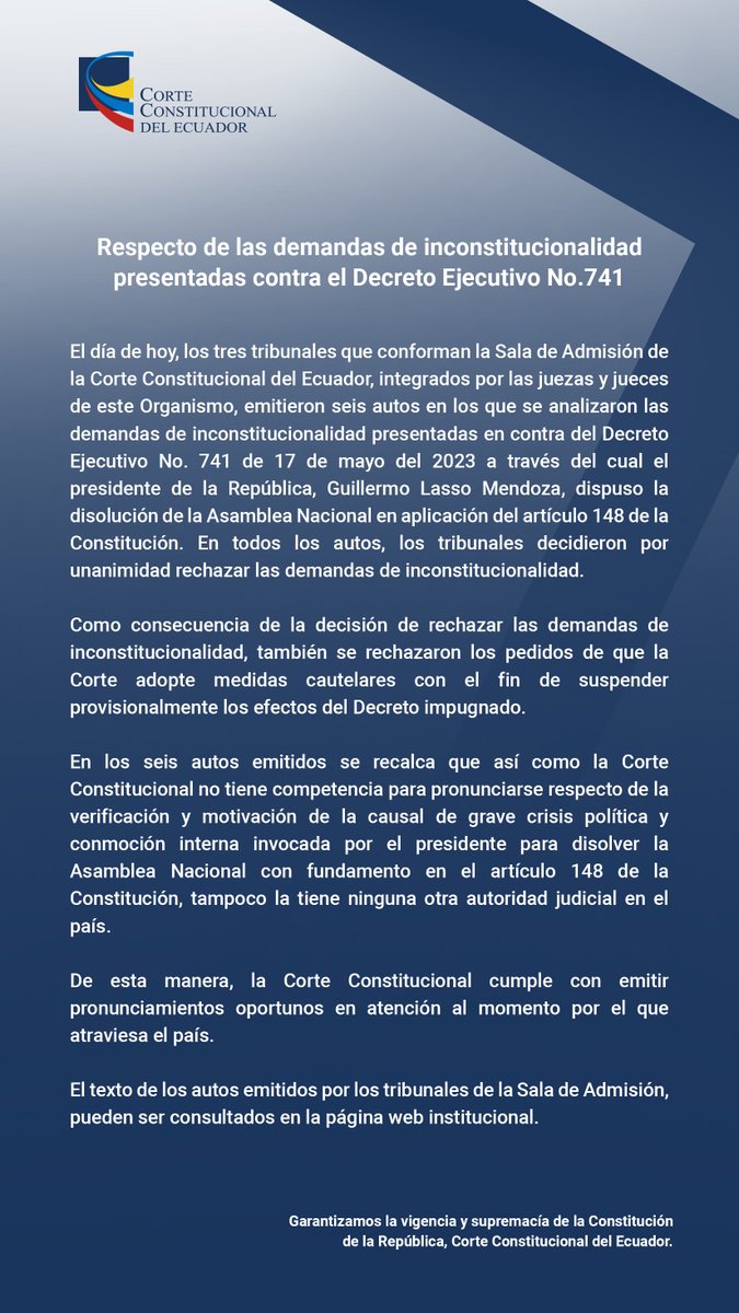 🔴IMPORTANTE | La Corte Constitucional del Ecuador inadmite las demandas de inconstitucionalidad presentadas contra el Decreto Ejecutivo Nro.741. #BoletínCC

Entérate ingresando a los autos de inadmisión AQUÍ⤵️