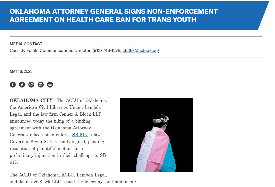 Big win for trans people in Oklahoma.

Oklahoma's AG has signed a non-enforcement agreement pending the motion for a preliminary  injunction on SB613, the anti-trans medical ban in Oklahoma.

For now, this prevents the law from taking effect.