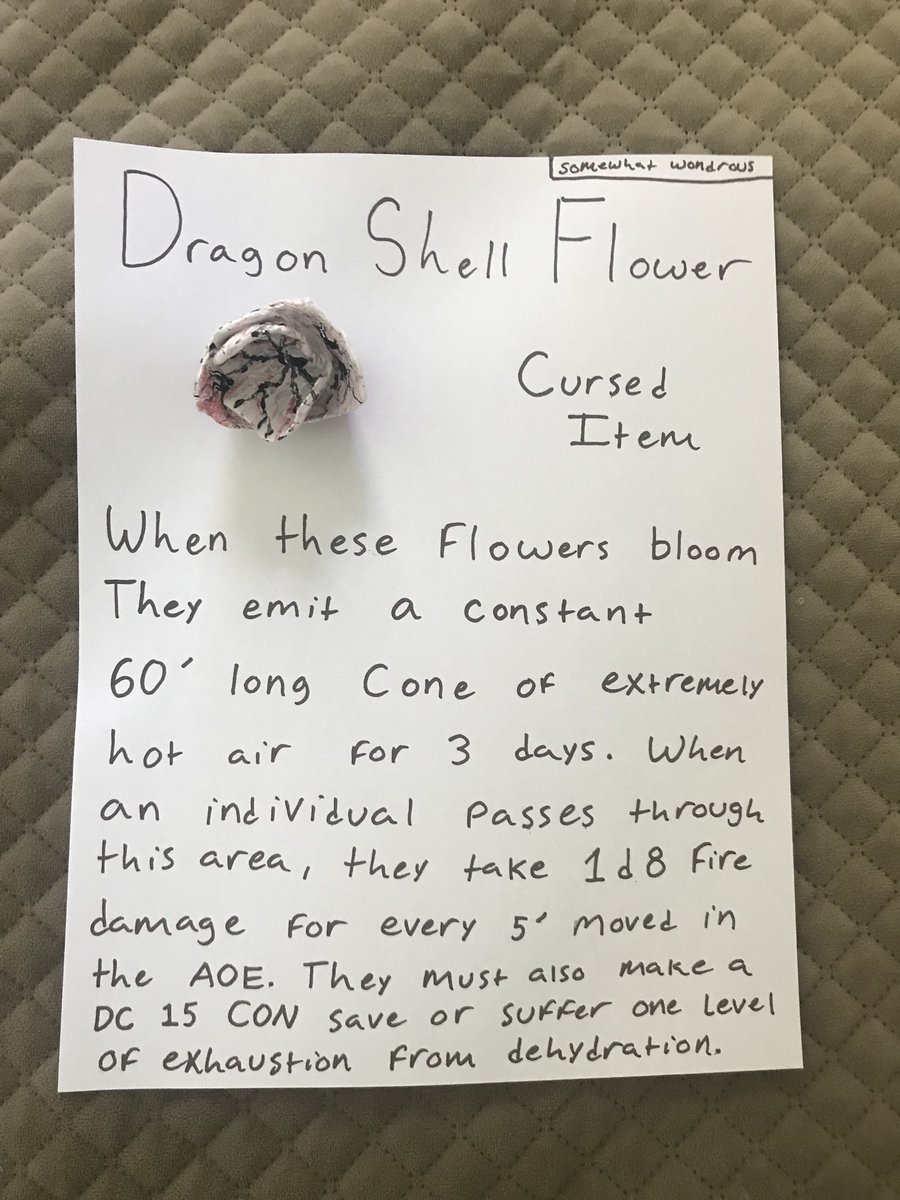 Dragon Shell Flower: Cursed Item

#dnd #dndart #dnd5e #dndhomebrew #dndhomebrew5e #dungeonsanddragons #dungeonsanddragons5e #dungeonsanddragonshomebrew #art #fyp #foryou