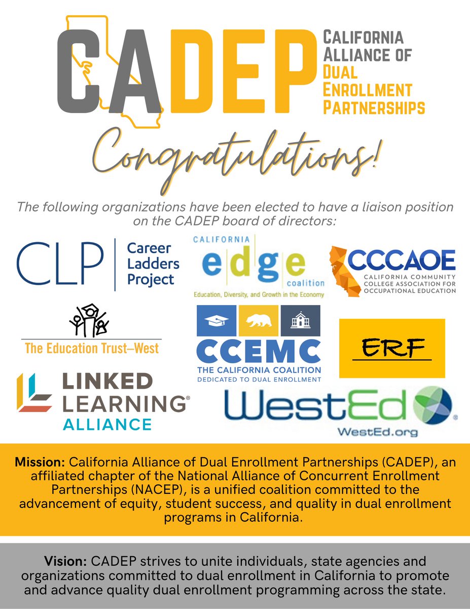 Congratulations to CADEPs new board of directors and to the organizations elected to hold a liaison position on the board! 👏🏻 
Next step— Submitting our application to <a href="/NACEPtweets/">NACEP</a> for affiliated chapter approval. ✅ 
Stay tuned for updates and plans from our new board! 📣