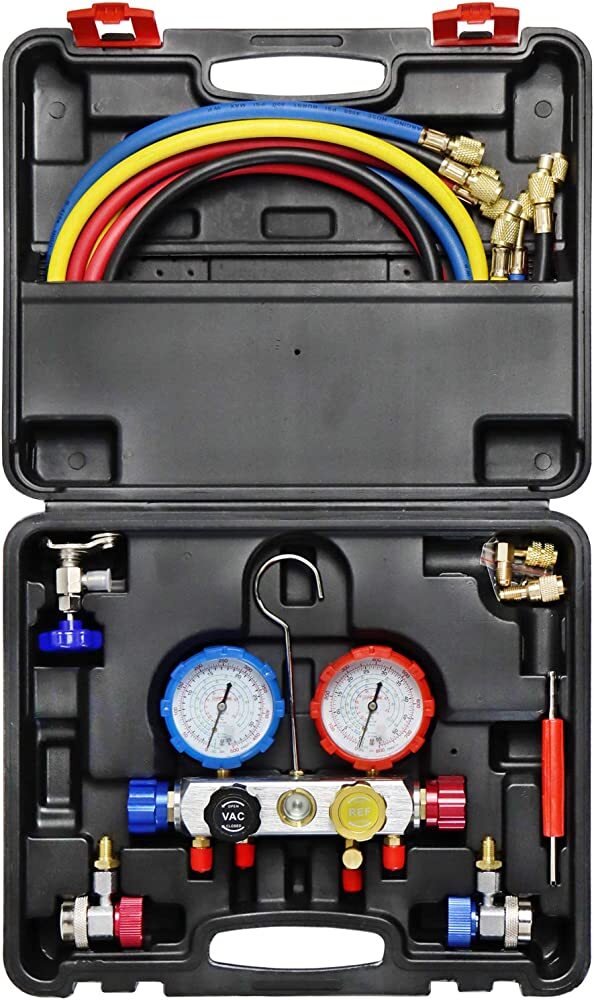 AdonisDraven's tweet photo. JIFETOR 4 Way AC Manifold Gauge Set, HVAC #Diagnostic Refrigerant Charging #Tool for Auto Household R404A R134A R410A, with 5FT Hose, Adjustable Quick Coupler, Adjustable Can Tap, R410A Adapters https://t.co/rGHG2X4ViX https://t.co/JNfxSiAPai