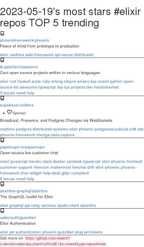 2023-05-19's most stars #elixir repos TOP 5 trending, here #github github.com/search?l=elixi…