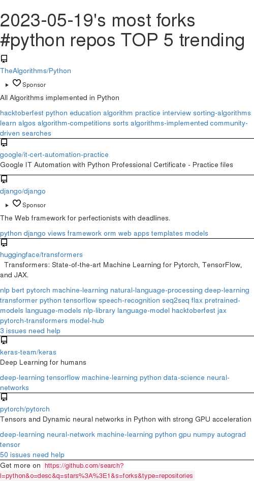 2023-05-19's most forks #python repos TOP 5 trending, here #github github.com/search?l=pytho…