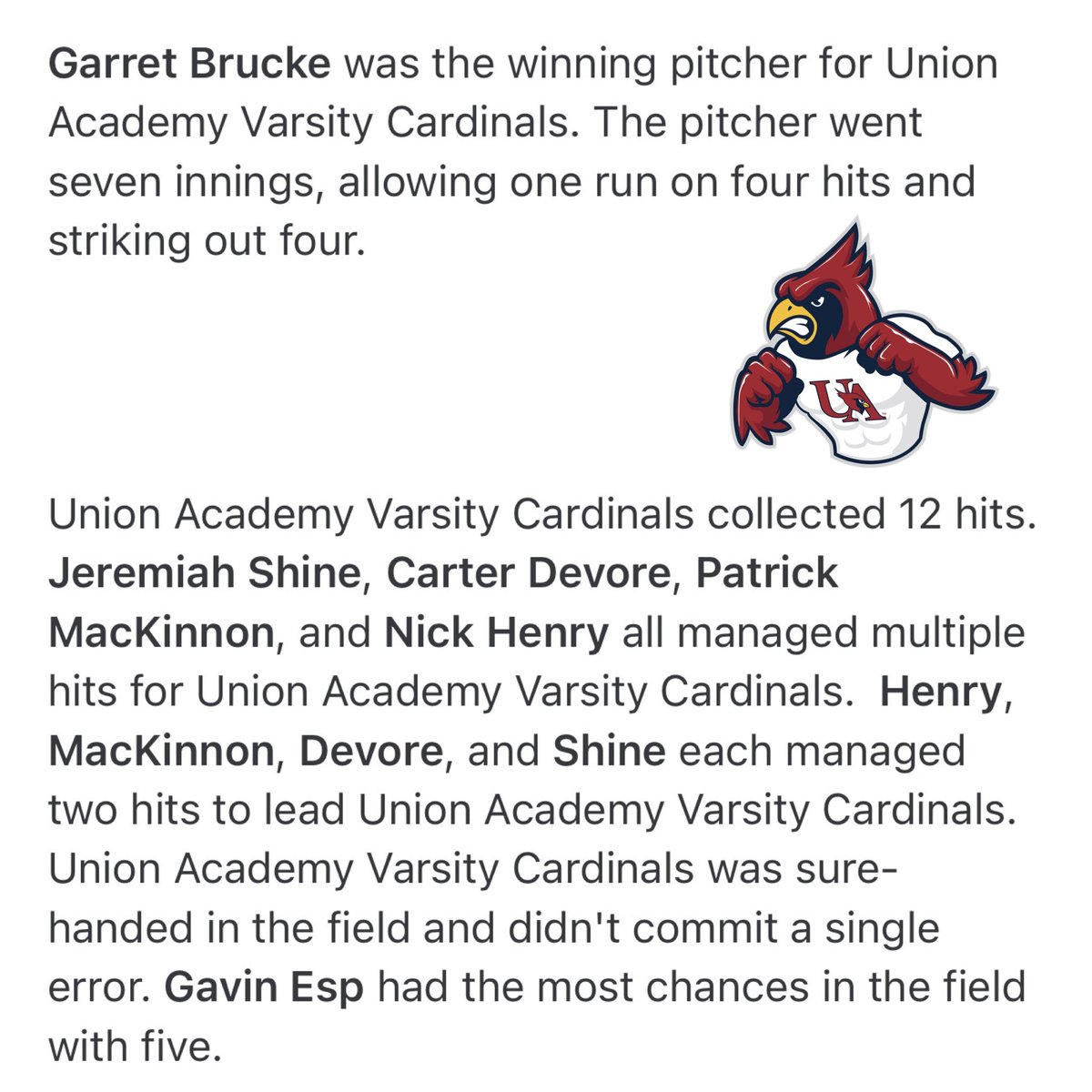 UACharterSchool (@uacharterschool) on Twitter photo Baseball ⚾️ defeats Cherryville 5-1 to advance to Round 4️⃣ tomorrow night at HOME at 7pm!! Let’s go Cards!! #weareUA #CardinalPride #Elite8 <a href="/UAathletics/">Union Academy Athletics</a> @JZUAHS <a href="/FrashierJustin/">Justin Frashier</a> <a href="/BrittanyRape/">Brittany Rape</a> <a href="/mphifer2/">Michelle Phifer</a> <a href="/mphifer2/">Michelle Phifer</a> <a href="/JSuttonSmith/">Jennifer SuttonSmith</a> Baseball ⚾️ defeats Cherryville 5-1 to advance to Round 4️⃣ tomorrow night at HOME at 7pm!! Let’s go Cards!! #weareUA #CardinalPride #Elite8 <a href="/UAathletics/">Union Academy Athletics</a> @JZUAHS <a href="/FrashierJustin/">Justin Frashier</a> <a href="/BrittanyRape/">Brittany Rape</a> <a href="/mphifer2/">Michelle Phifer</a> <a href="/mphifer2/">Michelle Phifer</a> <a href="/JSuttonSmith/">Jennifer SuttonSmith</a>