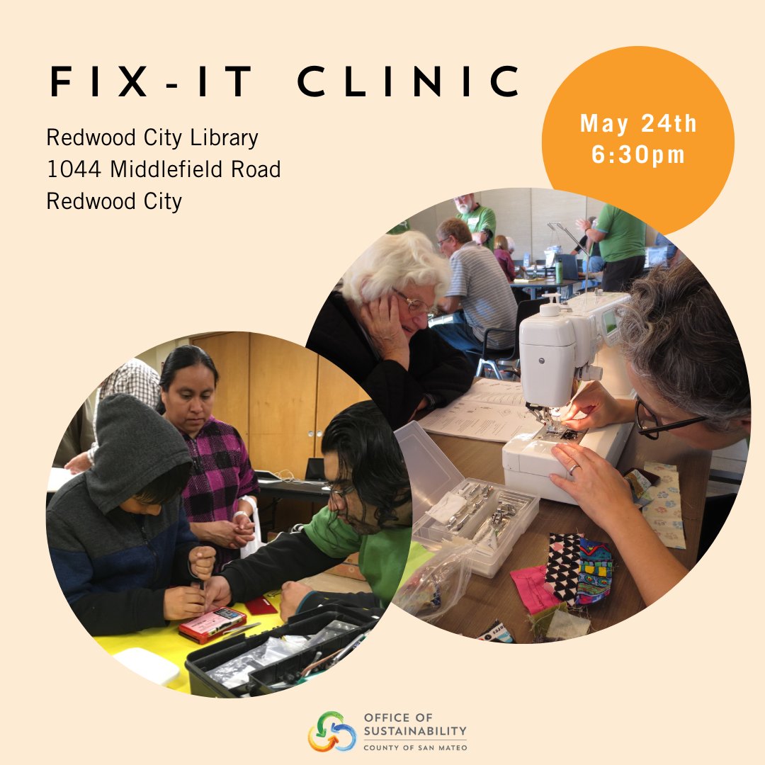SustainSMC's tweet photo. Join us for May's in-person Fixit Clinic at the Redwood City Public Library. We’ll provide the workspace, tools, and guidance. Learn skills and reduce waste. Register at https://t.co/0huS5oSwz7 or sign up to volunteer as a Fixit Clinic Coach https://t.co/ORYaa2ctgo https://t.co/h92blg6x9M