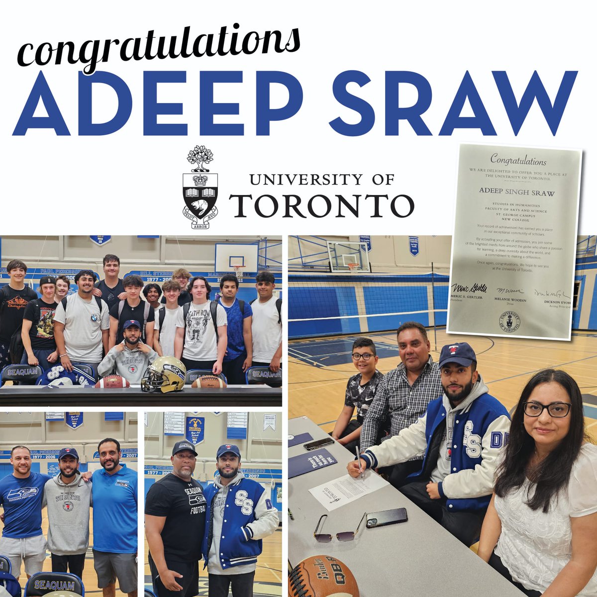 Congratulations to our Grade 12 student, Adeep Sraw, who signed his first football contract to play at the University of Toronto next season...All the best Adeep!
