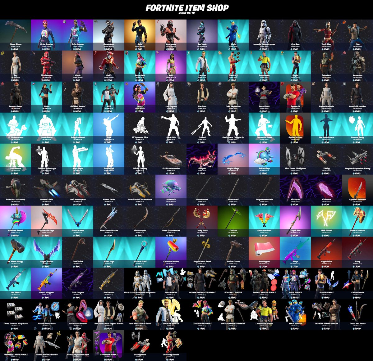FeversBot's tweet photo. #Fortnite Item Shop update for 2023-05-19!

Consider using code "Fevers" to support me! #EpicPartner

Total Items: 126
Max Last Seen: 596 days
Min Last Seen: 1 days
Average of Last Seen items: 16.0 days https://t.co/a9LM7h1VmB