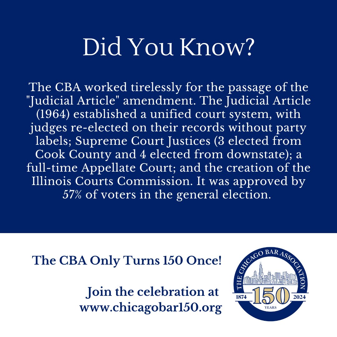 ChicagoBarAssoc's tweet photo. What's your CBA IQ? In honor of our 150th Anniversary we will be sharing CBA fun facts all year long. Follow along on our social channels and you'll have a chance to test your CBA IQ before the year is through! #CBA150 https://t.co/bgFbrMGBz5