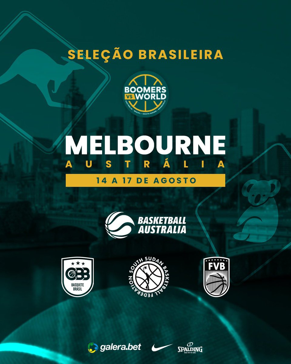 VEM! 

BRASIL, AUSTRÁLIA, SUDÃO DO SUL E VENEZUELA! 

“Boomers x World”

14 a 17 de agosto, em preparação para a Copa do Mundo de Basquete 🏀

#VisitMelbourne #WeAreBasketball