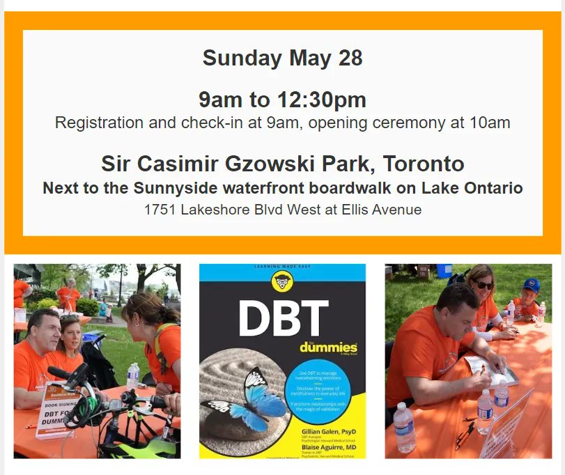Are you registered for upcoming walks? #Toronto is next Sunday, May 28th. 

Come see the authors of "DBT for Dummies" <a href="/blaisemd/">Blaise Aguirre, MD</a>  and <a href="/DrGalenDBT/">Gillian Galen</a> and get your book signed by them! 

Don’t have a copy? It's available at most bookstores and Amazon. 

Register buff.ly/3Gxf8A4