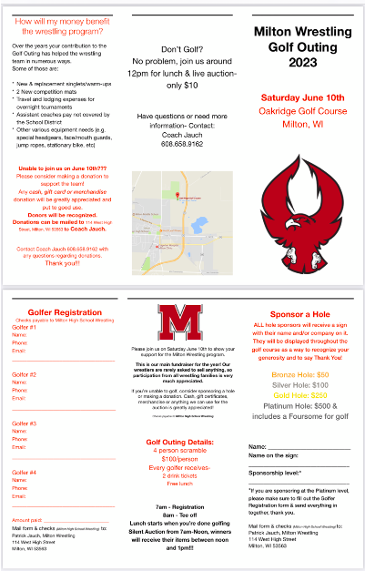 DrJKSchuetz's tweet photo. Great opportunity to support Milton Red Hawk Wrestling.  Our annual golf outing is filling up fast.  Register your 4-some or if you can't golf and want to donate, contact Head Coach @pattyjauch today! https://t.co/NcOWPavmcW