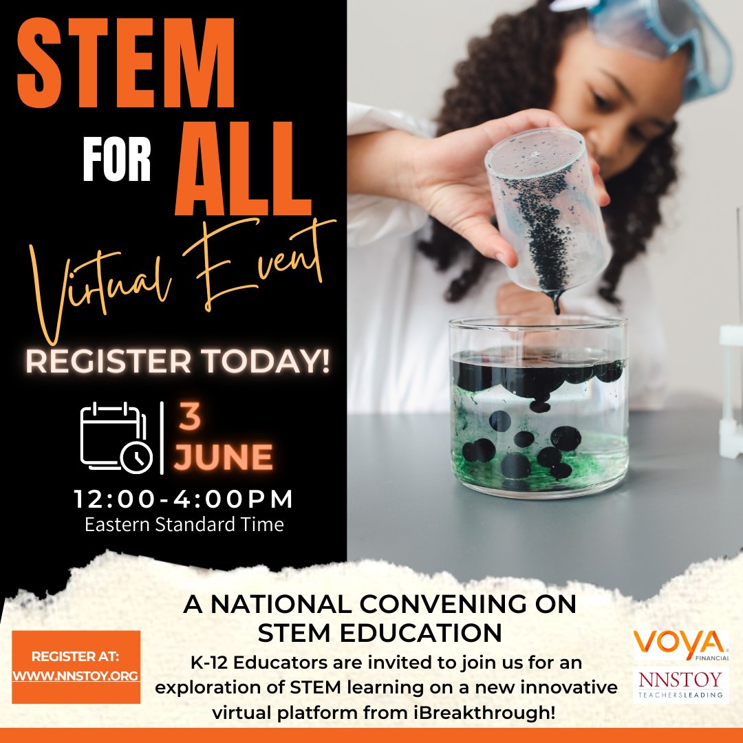 Only 16 days left to register for the National STEM Convening on June 3rd! Connect
with educators, hear inspiring stories, and learn about the latest developments in
STEM. Secure your spot now at nnstoy.org before it's too late. #STEMeducation
#TeachersLeading