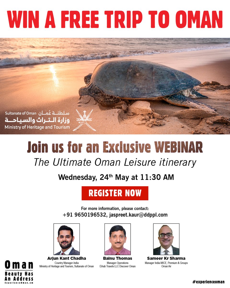 Ready to explore the hidden gems of #Oman? 

We’re excited to announce an exclusive webinar about Oman’s leisure itinerary, where you can get a peek into the rich culture and traditions of this beautiful country!

Register now - event.webinarjam.com/register/524/x…

#ddpgroup #ddpwebinars