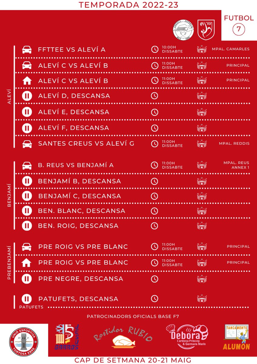 ⚽️ 📆 Calendari de partits per al cap de setmana.
MOLTA SORT A TOTS! 💪🏻🔴⚪⚫
#ueteamateur #3cat1 #uetebase #Formacio #FCF #ConsellEsportiuBaixEbre #Tortosa #TerresdelEbre