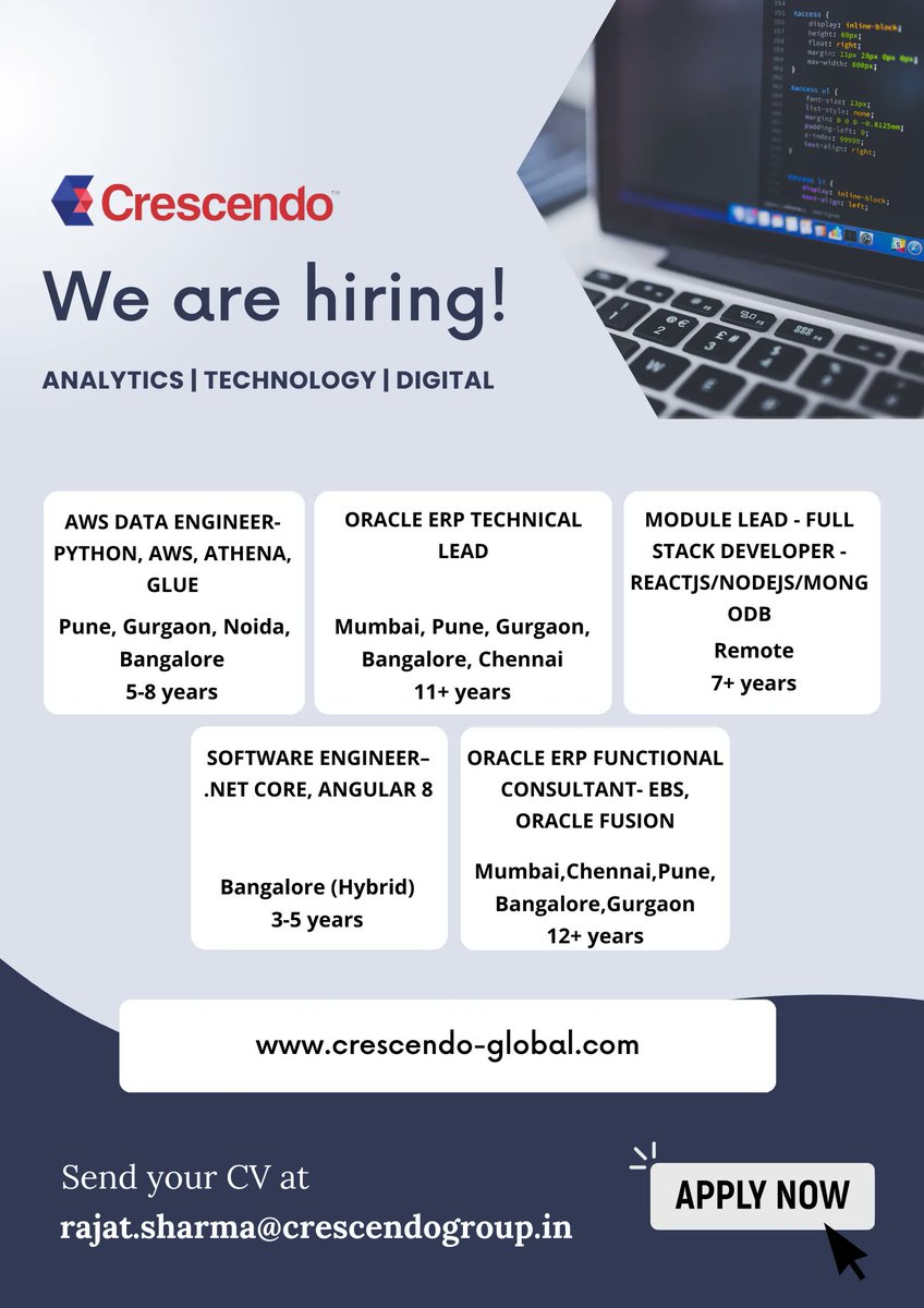 We are hiring!

Apply on our website buff.ly/3i70S86

buff.ly/3Oh0gKQ 
buff.ly/3BEgiae 
buff.ly/3ocAvAJ 
buff.ly/3WhfeSZ 
buff.ly/3OimCeP 

Share your resume at rajat.sharma@crescendogroup.in

#technology #pythonprogramming #hiring