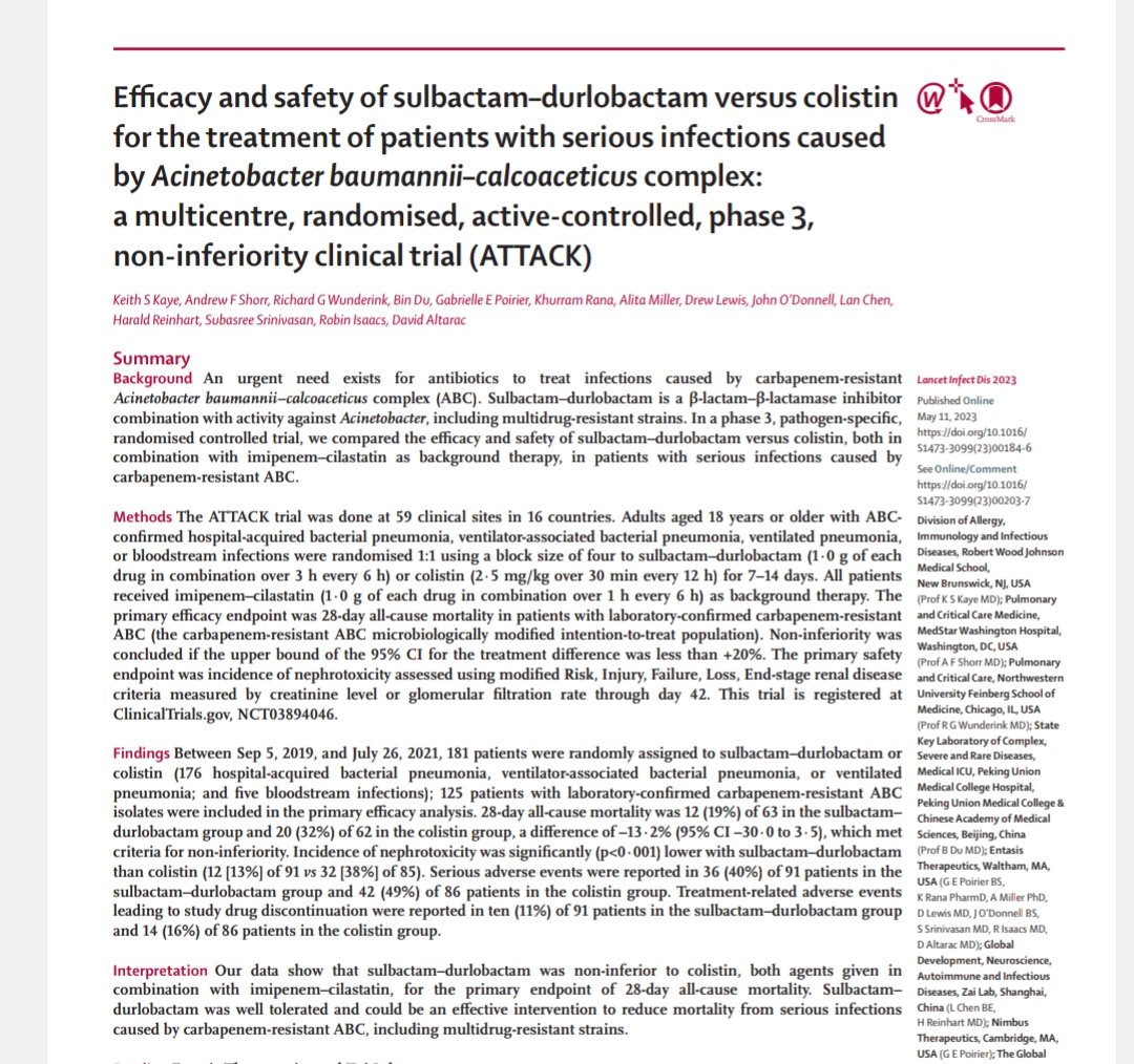 DrRavikiranID's tweet photo. Sulbactam-darulobactam vs colistin for Acenitonacter infections. Non inferior outcomes with 70% less nephrotoxicity.
#colistin #nephrotoxic #kidney #infection #acenitobacter #antibiotics #nephrology #pharmacology https://t.co/BaZV6OX7RA
