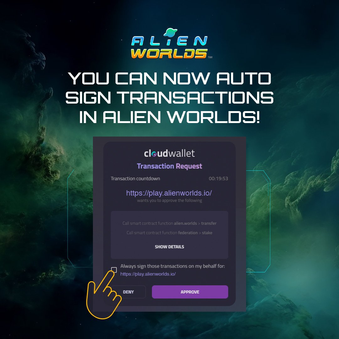 📢 Attention Explorers‼️
Today, @WAX_io whitelisted @AlienWorlds for the smart contract auto sign feature. This update is designed to bring a more streamlined & user-friendly experience to all #AlienWorlds players. 🎮

#AlienWorldsCommunity #AlienWorldsNFT #WAXFam #CryptoIndia
