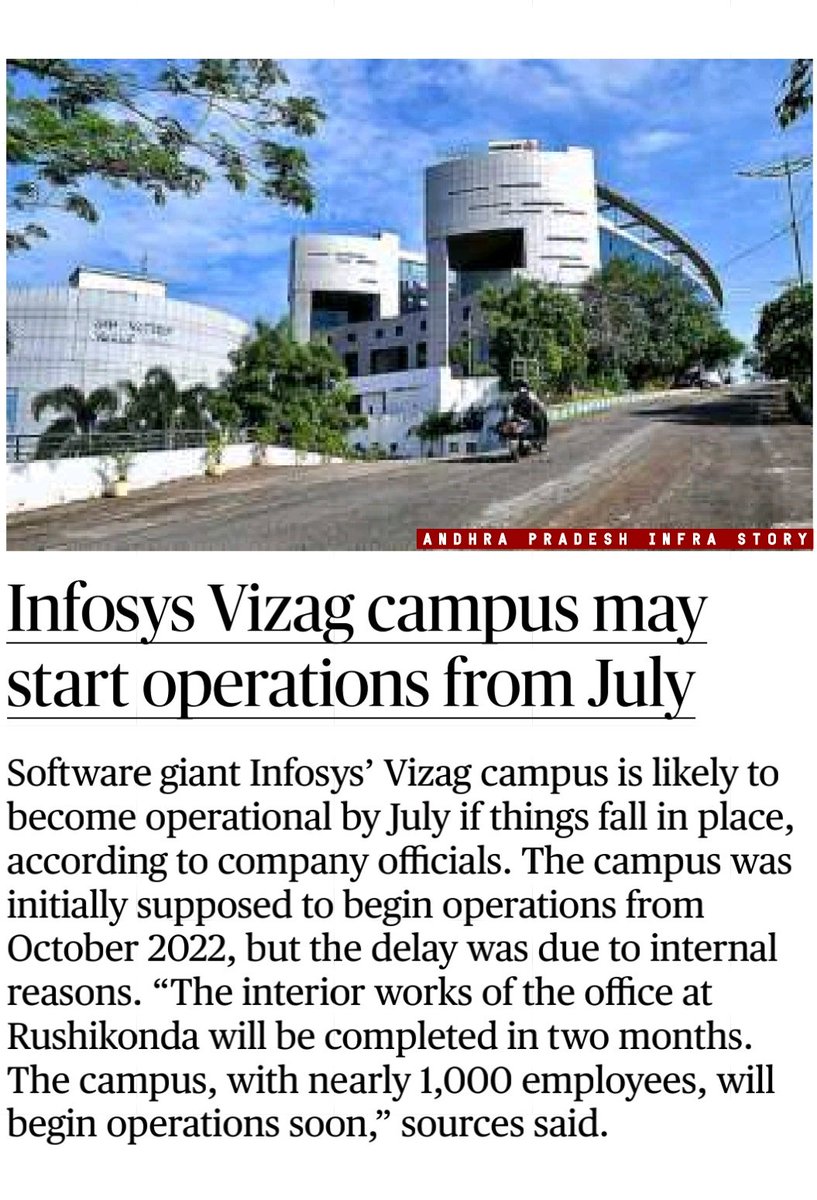 🔸Infosys Vizag Campus To Start Operations From July With Nearly 1000 employees 

#AndhraPradesh #Infosys #Vizag #Visakhapatnam #VizagIT #APInfraStory