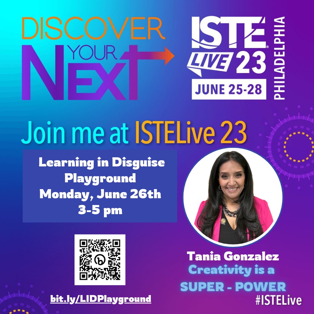 Beyond Grateful for the opportunity to share my love of Creativity at #ISTElive @ISTEofficial in Philadelphia. 

▶️ 'Learning in Disguise Playground' 
🦹‍♀️'Creativity is a SUPER-POWER'
🗓️Monday, June 26th | 3:00pm - 5:00 pm

🌟'See you soon!'🌟
@jamesvarlack @annvega