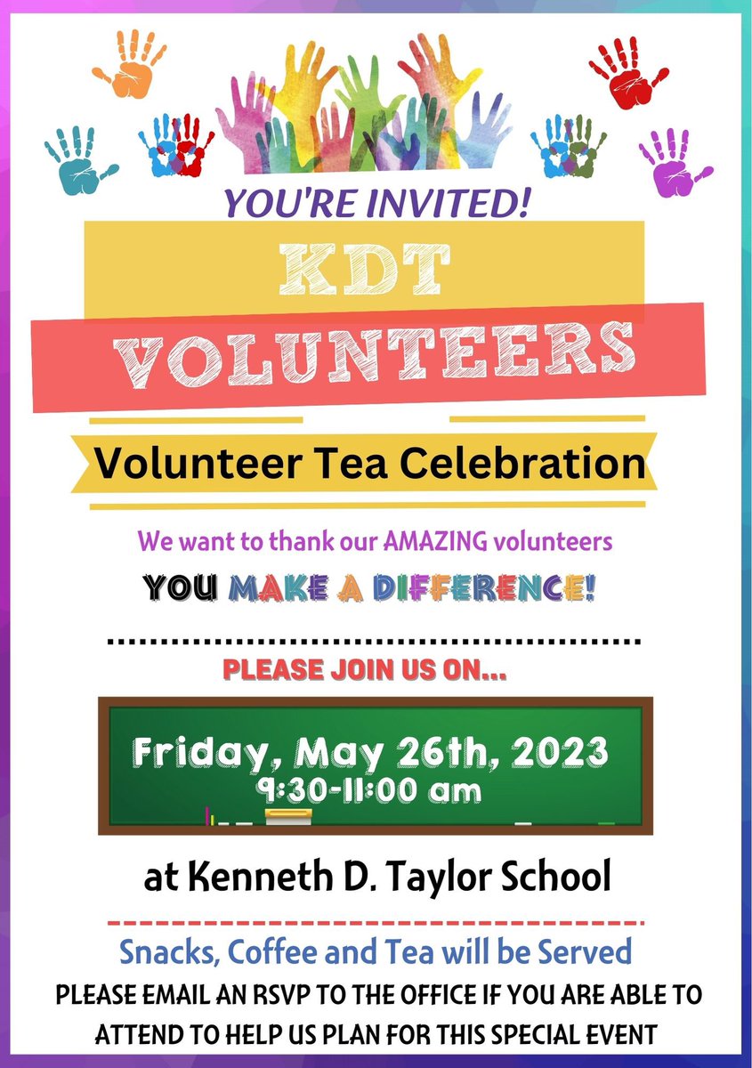 Have you volunteered at KDT this year?  You are invited to our Volunteer Tea on Friday, May 26th at 9:30am. Please RSVP by emailing the Office.