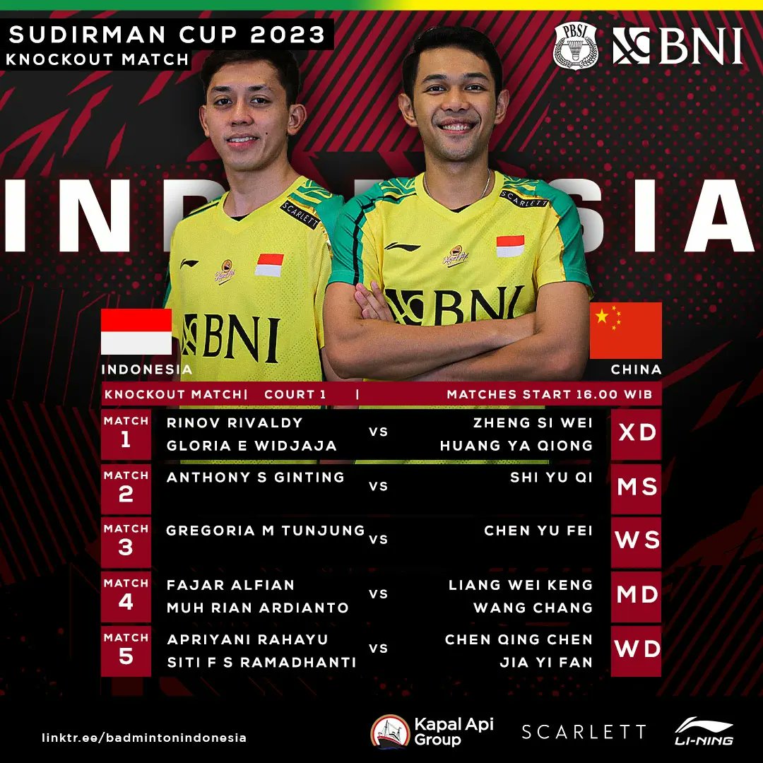 INABadminton's tweet photo. Skuad Merah-Putih bakal tampil habis-habisan melawan China di perempatfinal Piala Sudirman 2023. Inilah amunisi terbaik Indonesia untuk menundukkan tuan rumah.

Maju tak gentar!

#SudirmanCup2023 https://t.co/7dEmCereec