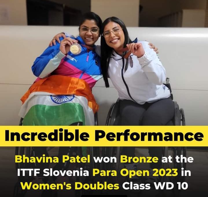 Congratulations to India's para table tennis star Bhavina Patel PLY🏓, who partnered with Caroline🇮🇱 to win the 🥉in Women's Doubles Class WD 10 at the ITTF Slovenia Para Open 2023👏. 
Way to go, Bhavina! 
#BhavinaPatel #ParaTableTennis #ITTFParaOpen 
 #PingPong #Paralympics